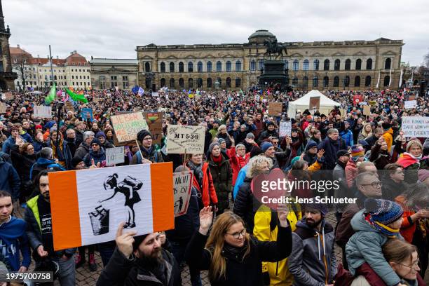 People gather to protest against right-wing extremism and the far-right Alternative for Germany political party on February 03, 2024 in Dresden,...
