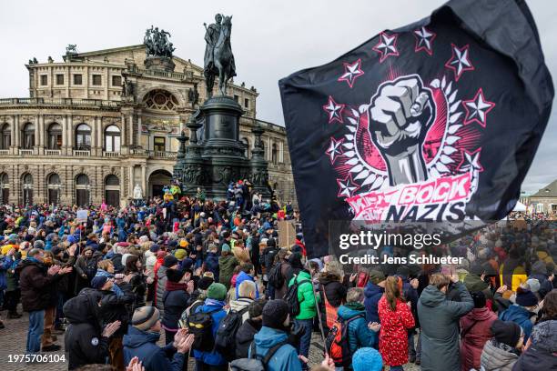 People gather to protest against right-wing extremism and the far-right Alternative for Germany political party on February 03, 2024 in Dresden,...