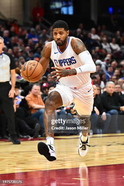 Paul George of the LA Clippers drives to the basket during the third quarter against the Cleveland Cavaliers at Rocket Mortgage Fieldhouse on January...