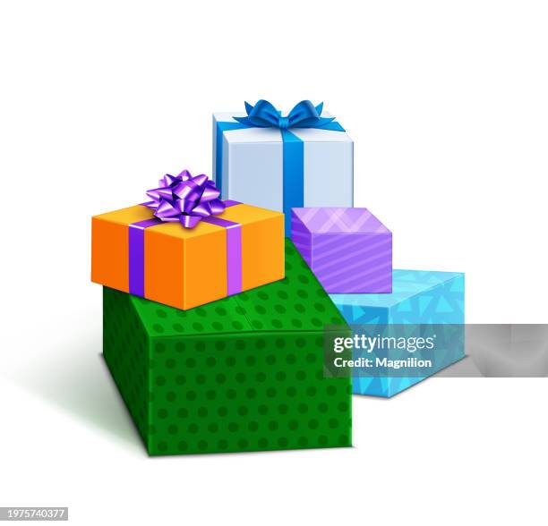 pile of surprises, festive gift boxes, mountain of gift boxes - stack gift boxes stock illustrations