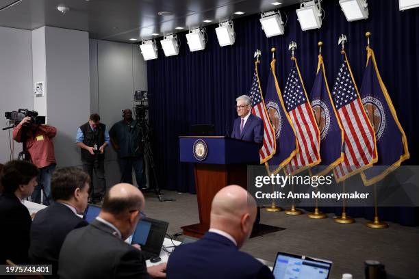 Federal Reserve Board Chairman Jerome Powell speaks during a news conference at the headquarters of the Federal Reserve on January 31, 2024 in...