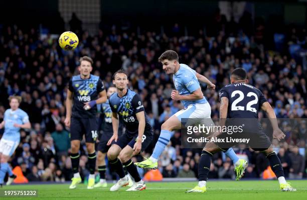Julian Alvarez of Manchester City scores his team's first goal during the Premier League match between Manchester City and Burnley FC at Etihad...