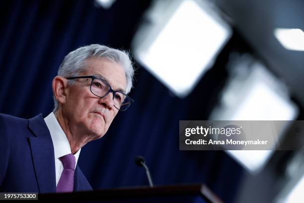 Federal Reserve Board Chairman Jerome Powell speaks during a news conference at the headquarters of the Federal Reserve on January 31, 2024 in...