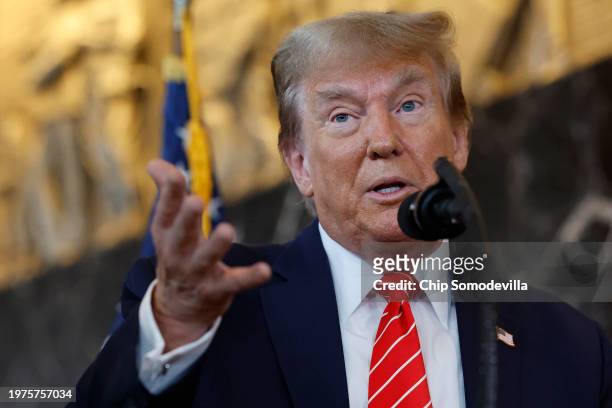 Republican presidential candidate and former U.S. President Donald Trump talks reporters at the International Brotherhood of Teamsters headquarters...