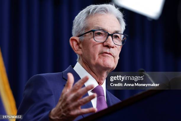 Federal Reserve Board Chairman Jerome Powell speaks during a news conference at the headquarters of the Federal Reserve on January 31, 2024 in...