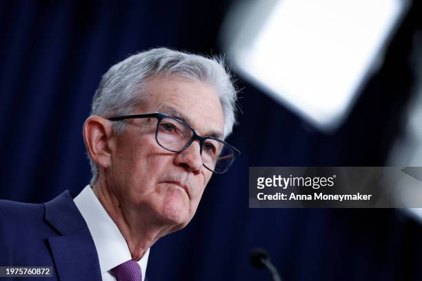 Federal Reserve Board Chairman Jerome Powell speaks during a news conference at the headquarters of the Federal Reserve on January 31, 2024 in...