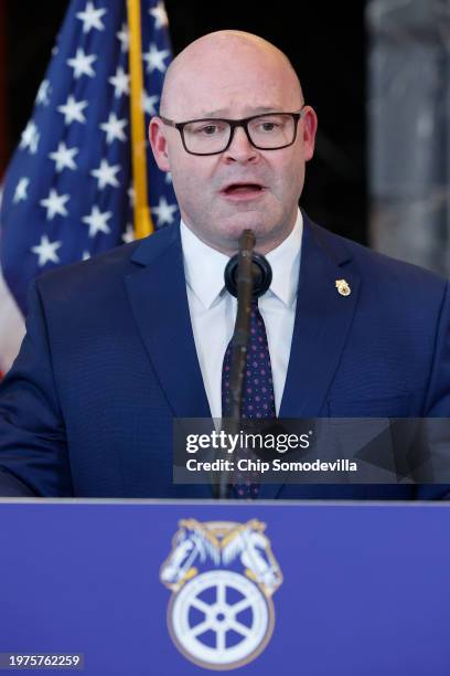 International Brotherhood of Teamsters General President Sean O’Brien talks to reporters following a meeting between the union's leaders and members...