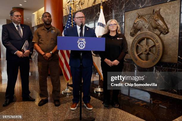 International Brotherhood of Teamsters General President Sean O’Brien talks to reporters with General Secretary-Treasurer Fred Zuckerman; Jamarsae...