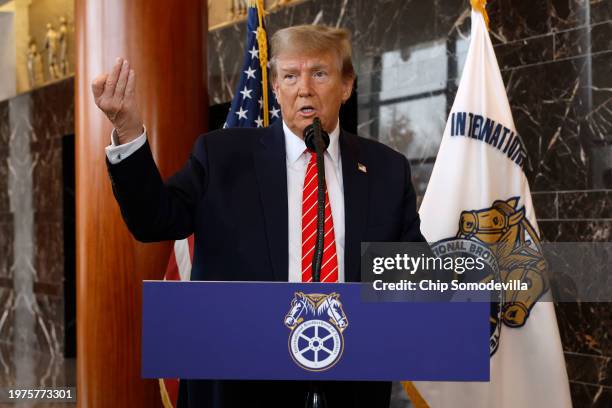 Republican presidential candidate and former U.S. President Donald Trump talks to reporters at the International Brotherhood of Teamsters...