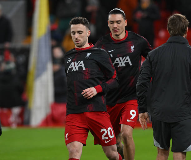 Diogo Jota of Liverpool during the warm-up before the Premier League match between Liverpool FC and Chelsea FC at Anfield on January 31, 2024 in...