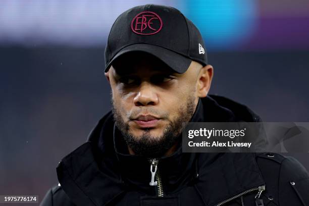 Vincent Kompany, Manager of Burnley, looks on prior to the Premier League match between Manchester City and Burnley FC at Etihad Stadium on January...