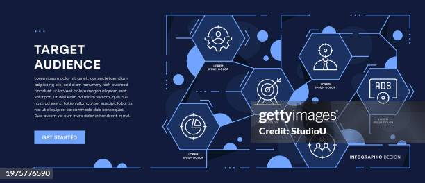 target audience infographic web banner with editable stroke icons - marketing technology stock illustrations