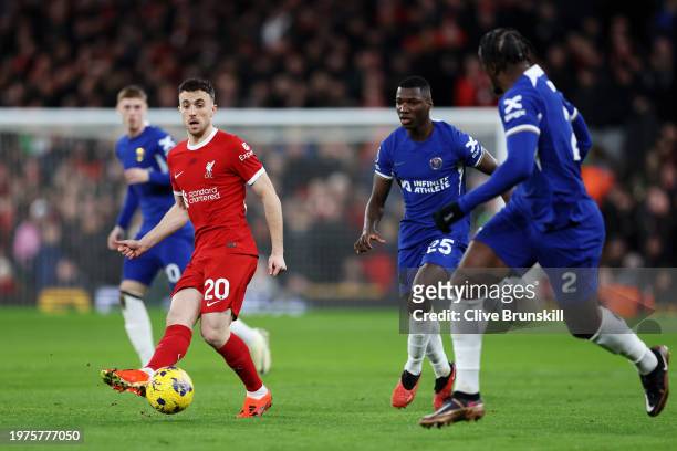 Diogo Jota of Liverpool makes a pass during the Premier League match between Liverpool FC and Chelsea FC at Anfield on January 31, 2024 in Liverpool,...