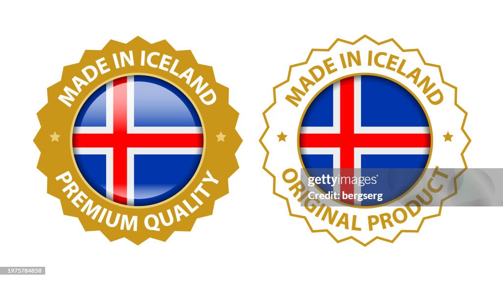 Fabriqué en Islande. Vecteur de qualité supérieure et timbre de produit original. Icône brillante avec drapeau national. Gabarit de sceau