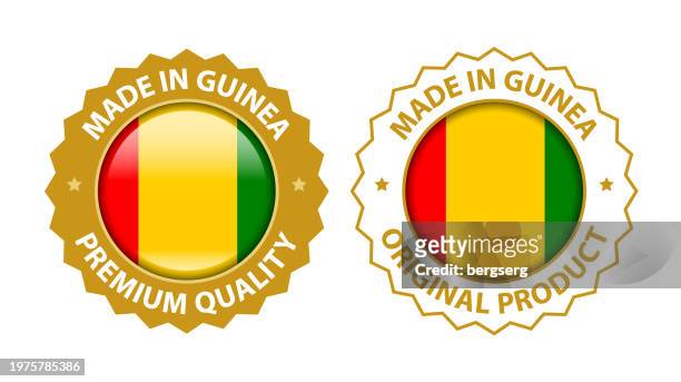 made in guinea. vector premium quality and original product stamp. glossy icon with national flag. seal template - certificate border stock illustrations