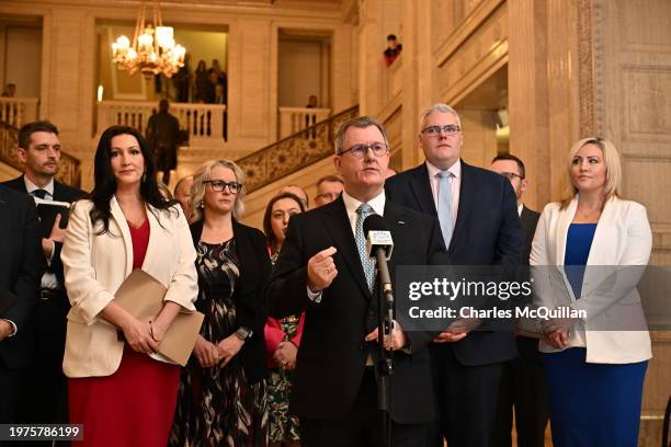 Leader Sir Jeffrey Donaldson speaks to the media at Stormont on February 3, 2024 in Belfast, Northern Ireland. Sinn Fein's Michelle O'Neill becomes...