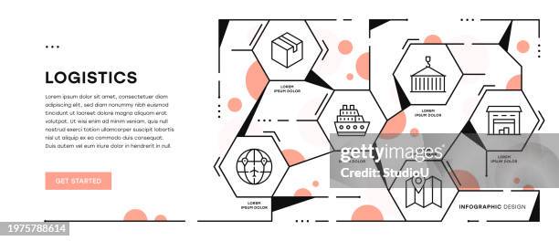 logistics infographic web banner with editable stroke icons - loading dock boxes stock illustrations