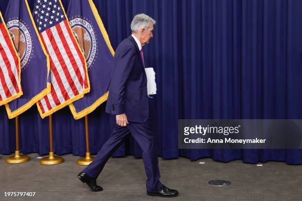 Federal Reserve Board Chairman Jerome Powell speaks during a news conference at the headquarters of the Federal Reserve on January 31, 2024 in...