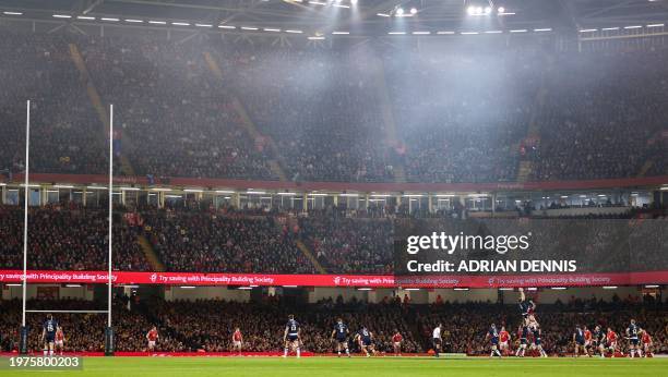 Wales and Scotland players fight for the ball during the Six Nations international rugby union match between Wales and Scotland at the Principality...