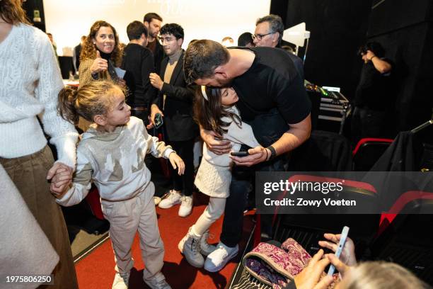 Marc Gasol hugs his daughters at the cinema where he has just announced his retirement after 20 years in basketball on January 31, 2024 in Barcelona,...