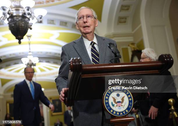 Senate Minority Leader Mitch McConnell speaks to the press following the Senate weekly luncheons on January 31, 2024 in Washington, DC. McConnell...