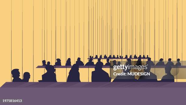 crowd silhouette, conference silhouette people sitting concept - silhouette auditorium stock illustrations