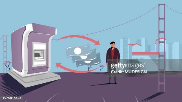 kunde hebt geld an geldautomaten ab - debit cards credit cards accepted stock-grafiken, -clipart, -cartoons und -symbole