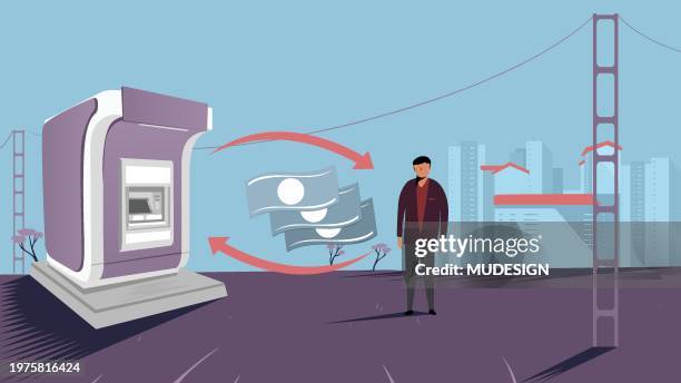 stockillustraties, clipart, cartoons en iconen met client withdraw money from atm machines - debit cards, credit cards accepted