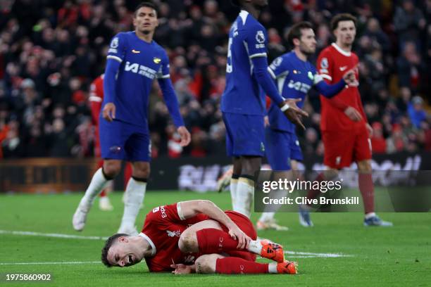 Diogo Jota of Liverpool reacts after being fouled by Benoit Badiashile of Chelsea leading to a penalty being awarded during the Premier League match...