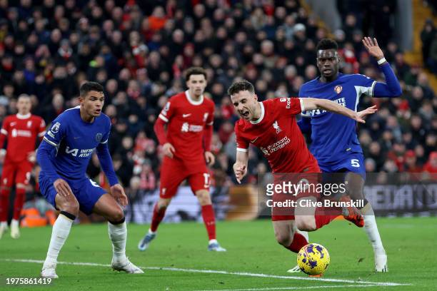Diogo Jota of Liverpool is fouled by Benoit Badiashile of Chelsea leading to a penalty kick being awarded by Referee Paul Tierney during the Premier...