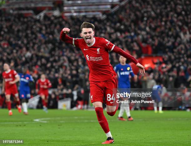 Conor Bradley of Liverpool celebrates after scoring the second goal during the Premier League match between Liverpool FC and Chelsea FC at Anfield on...