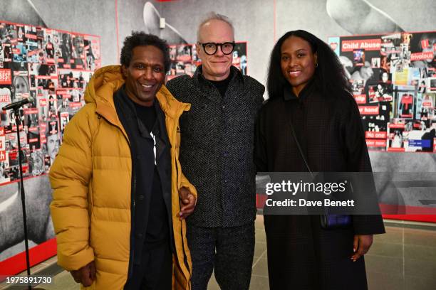 Lemn Sissay, Hans-Ulrich Obrist and Nicola Vassell attend the private view of "Barbara Kruger: Thinking of You. I Mean Me. I Mean You" at The...