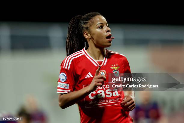 Jessica Silva of SL Benfica celebrates scoring her team's third goal during the UEFA Women's Champions League group stage match between SL Benfica...