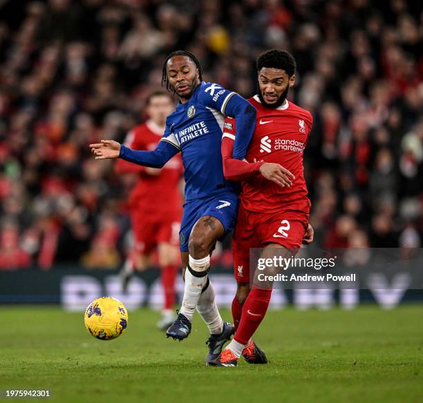 Joe Gomez of Liverpool competing with Raheem Sterling of Chelsea during the Premier League match between Liverpool FC and Chelsea FC at Anfield on...