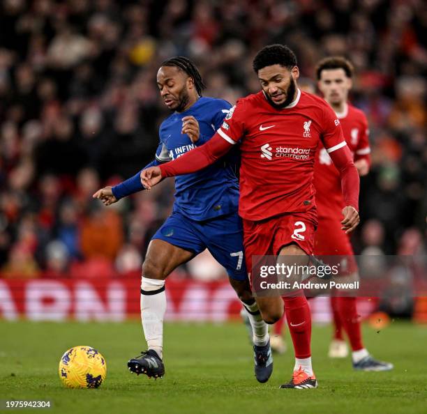 Joe Gomez of Liverpool competing with Raheem Sterling of Chelsea during the Premier League match between Liverpool FC and Chelsea FC at Anfield on...