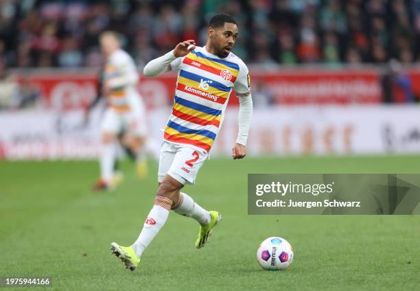 Phillipp Mwene of Mainz controls the ball during the Bundesliga match between 1. FSV Mainz 05 and SV Werder Bremen at MEWA Arena on February 3, 2024...