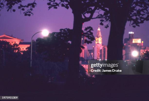 View of the Philadelphia Center City skyline at night as seen from West Fairmount Park in Philadelphia, Pennsylvania in 1967.