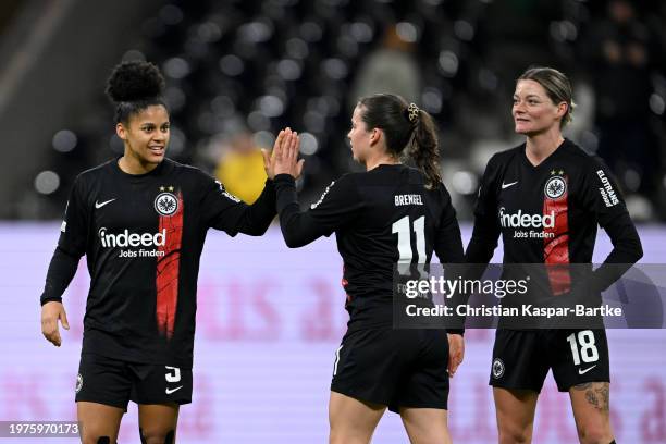 Shekiera Martinez and Jonna Brengel of Eintracht Frankfurt celebrate following the team's victory during the UEFA Women's Champions League group...