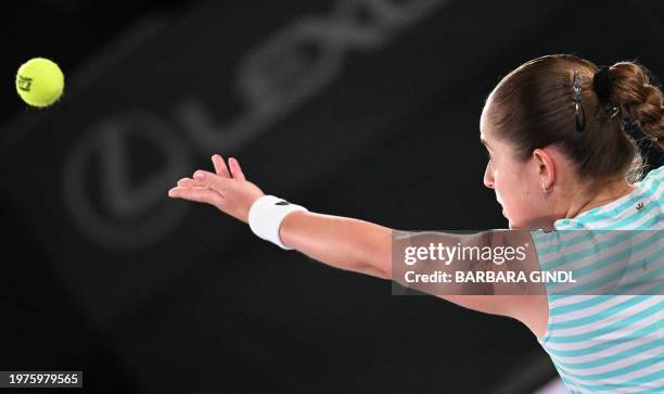 Latvia's Jelena Ostapenko serves the ball to Russia's Anastasia Pavlyuchenkova during the semi-final match of the WTA Upper Austria Ladies Linz...