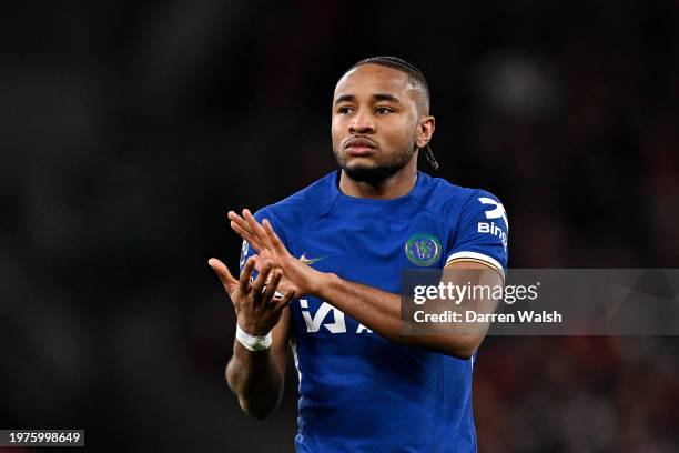 Christopher Nkunku of Chelsea applauds the fans after the team's defeat in the Premier League match between Liverpool FC and Chelsea FC at Anfield on...