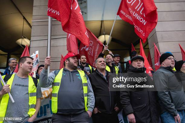 Union reps from the Port Talbot steel works protest outside the select committee hearing at Portcullis House on January 31, 2024 in London, England....