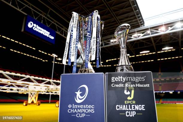 Detailed view of the Investec Champions Cup and the EPCR Challenge Cup inside the stadium as Cardiff and Bilbao are announced as host cities for the...