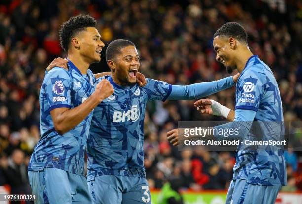 Aston Villa's Leon Bailey celebrates scoring his side's third goal during the Premier League match between Sheffield United and Aston Villa at...