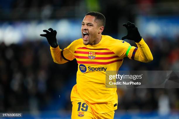 Vitor Roque centre-forward of Barcelona and Brazil celebrates after scoring his sides first goal during the LaLiga EA Sports match between Deportivo...