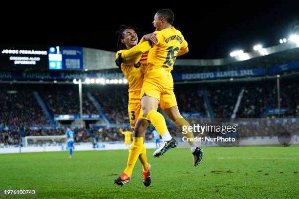 Vitor Roque centre-forward of Barcelona and Brazil celebrates after scoring his sides first goal during the LaLiga EA Sports match between Deportivo...