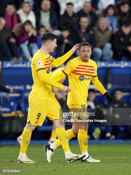 Vitor Roque of FC Barcelona celebrates 1-3 with Robert Lewandowski of FC Barcelona during the LaLiga EA Sports match between Deportivo Alaves v FC...