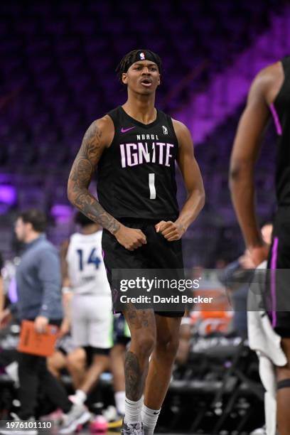 Dink Pate of G League Ignite celebrates during the game against the Iowa Wolves on January 31, 2024 at The Dollar Loan Center in Henderson, Nevada....