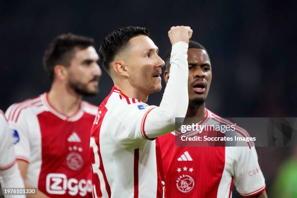 Steven Berghuis of Ajax celebrates 1-0 with Jorrel Hato of Ajax during the Dutch Eredivisie match between Ajax v PSV at the Johan Cruijff Arena on...