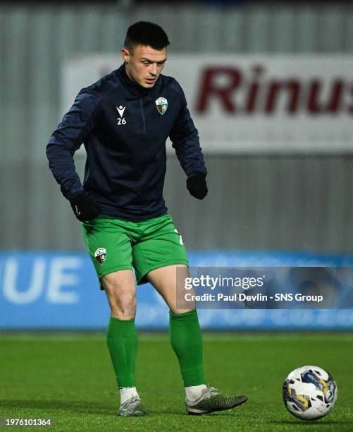 Jordan Marshall warms up before an SPFL Trust Trophy semi-final match between Falkirk and The New Saints at the Falkirk Stadium, on February 03 in...