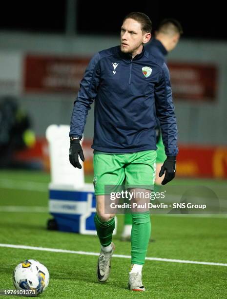 Declan McManus warms up before an SPFL Trust Trophy semi-final match between Falkirk and The New Saints at the Falkirk Stadium, on February 03 in...